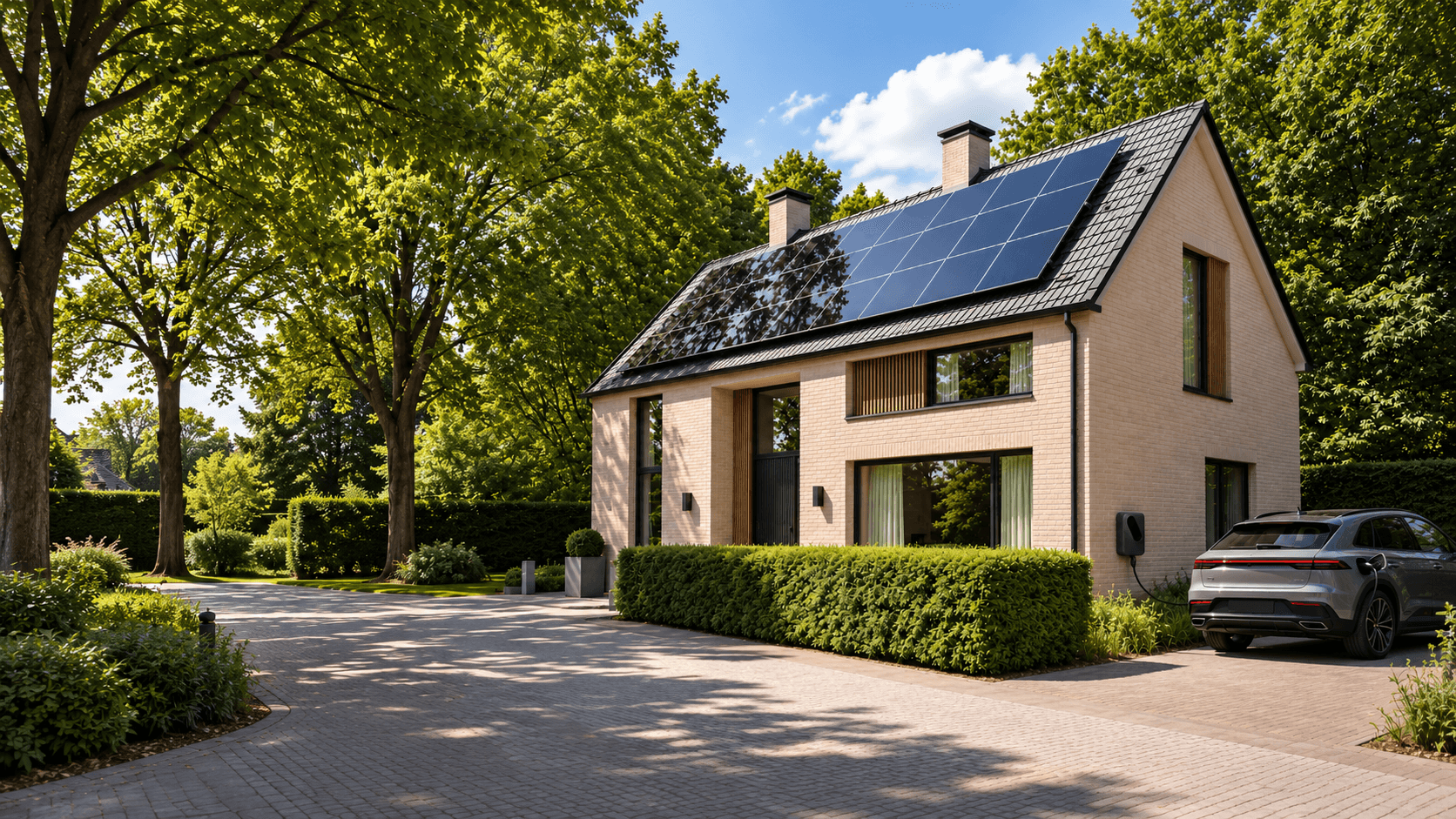 Moderne woning met zonnepanelen op het dak